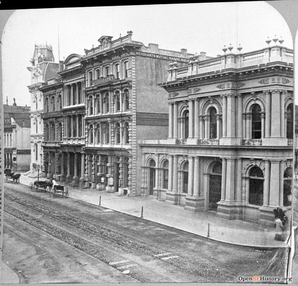 1800's image of the Bank of California building with horse and buggies out on the road