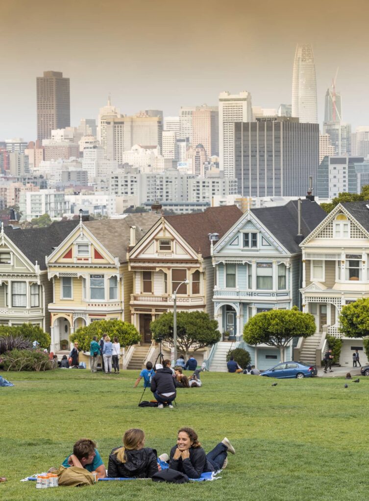 a view from the park looking at the 5 painted ladies houses