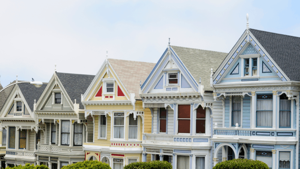 a popular san francisco landmark, the colorful victorian houses called "the painted ladies"