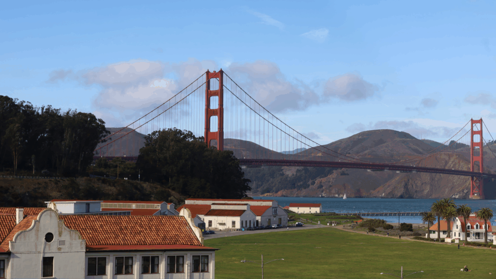 view of the golden gate bridge from the historic presidio park