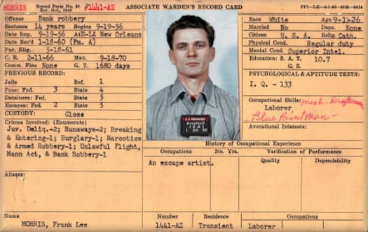 Frank Lee Morris mug shot and prisoner information, colorized. 