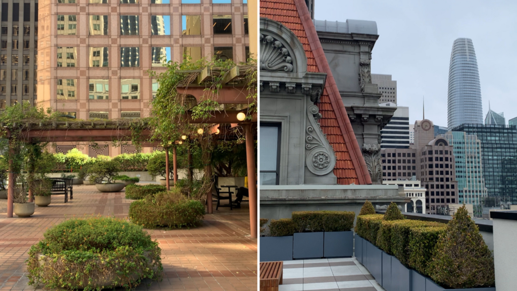 crocker galleria popos on the left; rooftop pubic open space at 1 kearney on the right