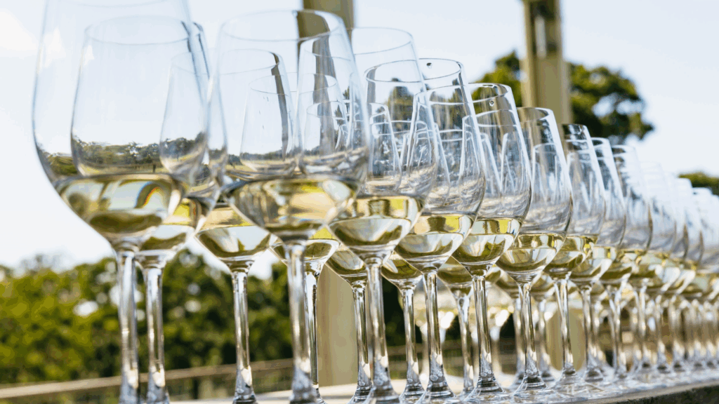 glasses of white wine lined up at a winery in napa valley