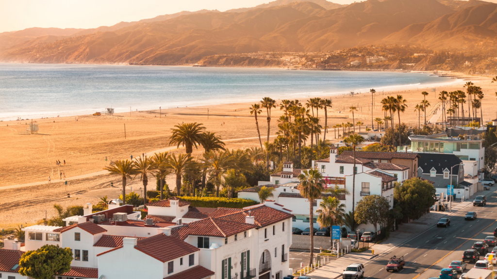 aerial view of the pacific coast highway driving from malibu to los angeles