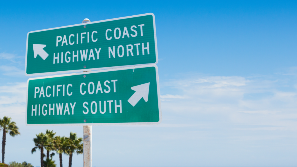 road signs that read pacific coast highway north and pacific coast highway south