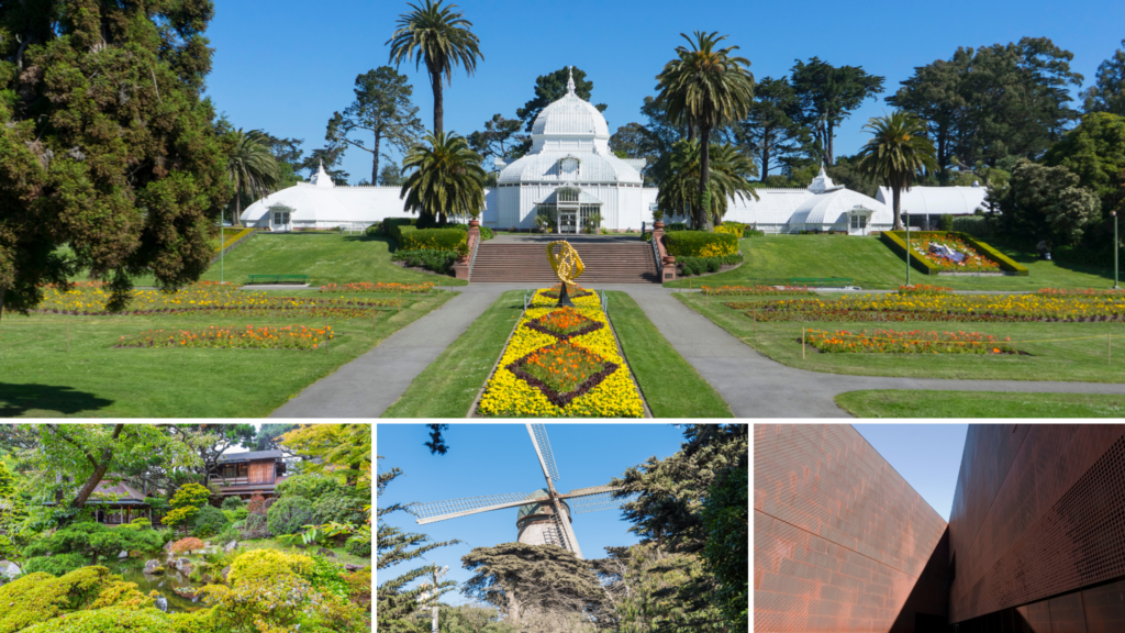 collage of golden gate park highlights from conservatory to museum
